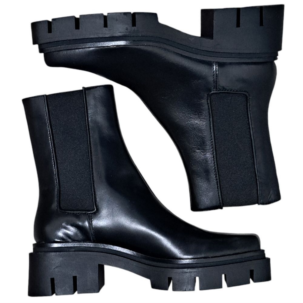 Zara Leather Square Toe Platform Chunky Streetwear Boot Size 37 - Black